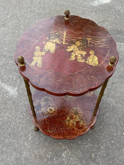 1950/70′ Guéridon Maison Baguès Décor Bambou en Bronze Doré Avec Plateaux Laque de Chine Rouge Et Or