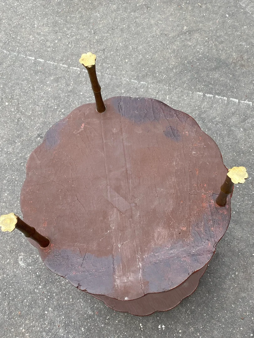 1950/70′ Guéridon Maison Baguès Décor Bambou en Bronze Doré Avec Plateaux Laque de Chine Rouge Et Or