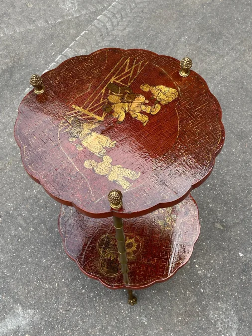 1950/70′ Guéridon Maison Baguès Décor Bambou en Bronze Doré Avec Plateaux Laque de Chine Rouge Et Or