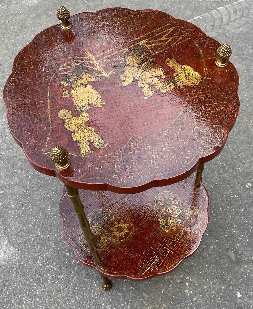 1950/70′ Maison Baguès Pedestal Table Bamboo Decor in Gilt Bronze With Red and Gold Chinese Lacquer Trays