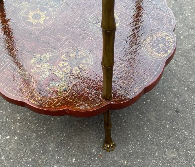 1950/70′ Guéridon Maison Baguès Décor Bambou en Bronze Doré Avec Plateaux Laque de Chine Rouge Et Or