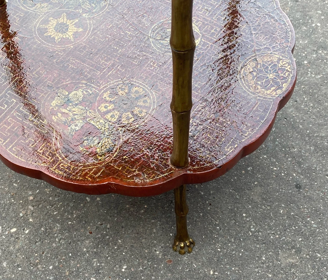 1950/70′ Guéridon Maison Baguès Décor Bambou en Bronze Doré Avec Plateaux Laque de Chine Rouge Et Or