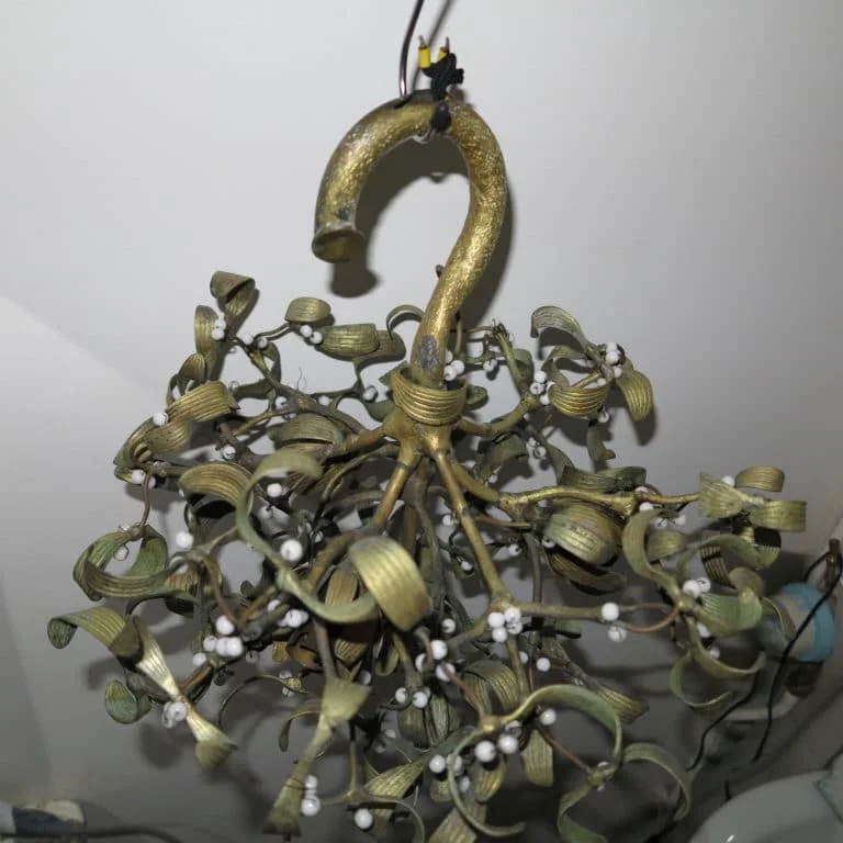 Art Nouveau Mistletoe Ball Chandelier with 4 Bulbs in Bronze and Opaline Beads