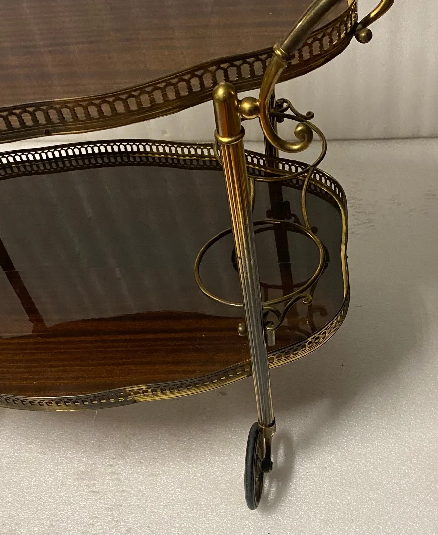 1950/70 Desserte Roulante Forme Arbaléte Maison Jansen En Acajou Et Bronze Doré