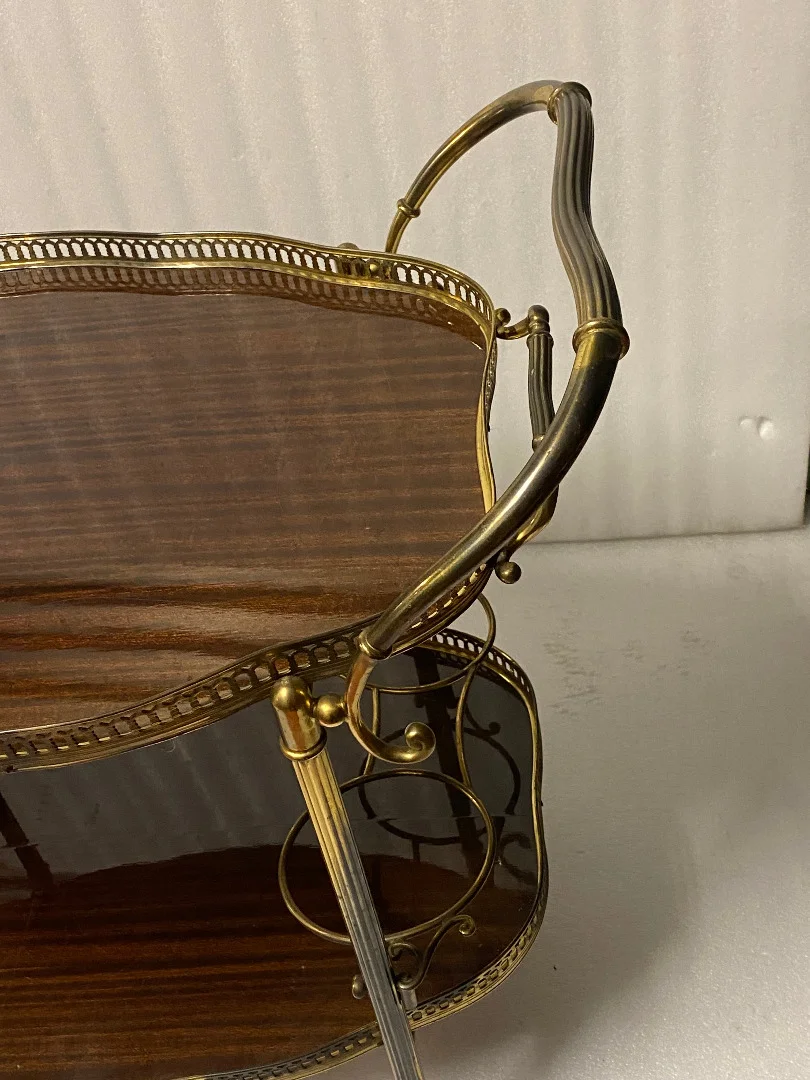 1950/70 Desserte Roulante Forme Arbaléte Maison Jansen En Acajou Et Bronze Doré