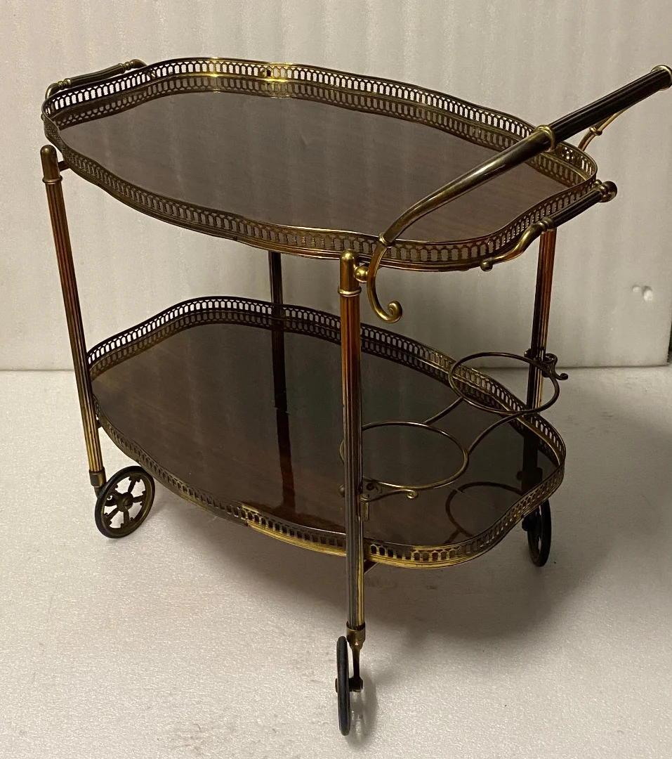 1950/70 Desserte Roulante Forme Arbaléte Maison Jansen En Acajou Et Bronze Doré