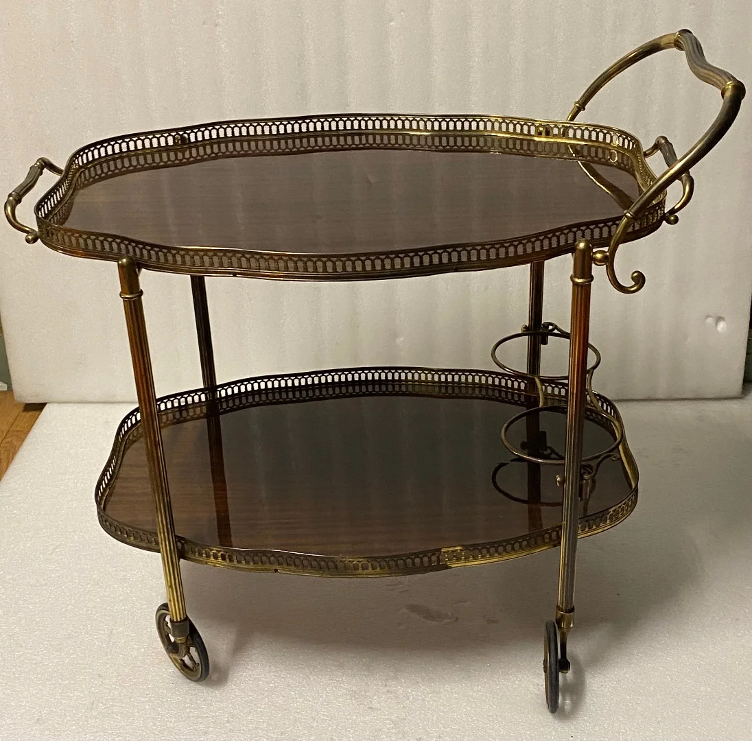 1950/70 Desserte Roulante Forme Arbaléte Maison Jansen En Acajou Et Bronze Doré