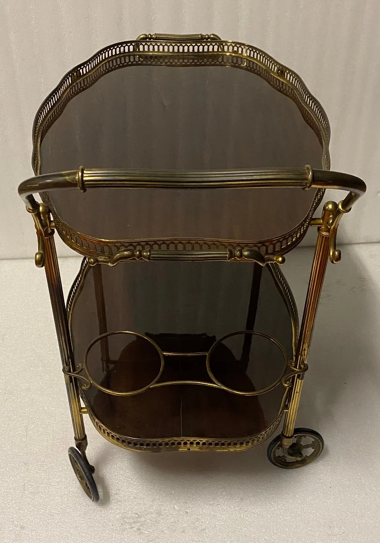 1950/70 Desserte Roulante Forme Arbaléte Maison Jansen En Acajou Et Bronze Doré