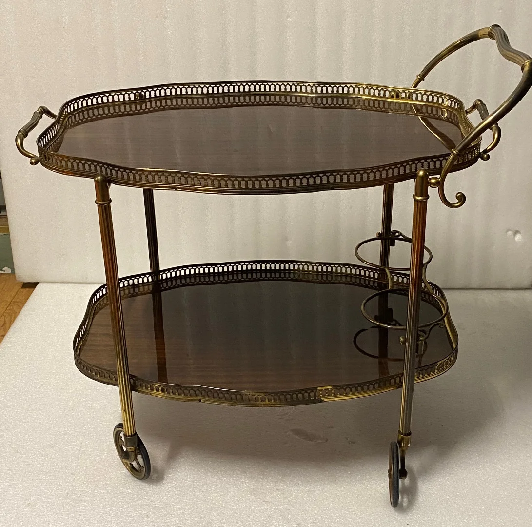 1950/70 Desserte Roulante Forme Arbaléte Maison Jansen En Acajou Et Bronze Doré