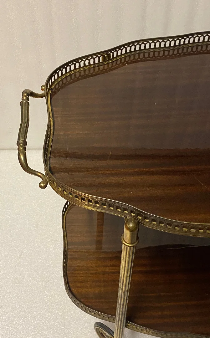 1950/70 Desserte Roulante Forme Arbaléte Maison Jansen En Acajou Et Bronze Doré