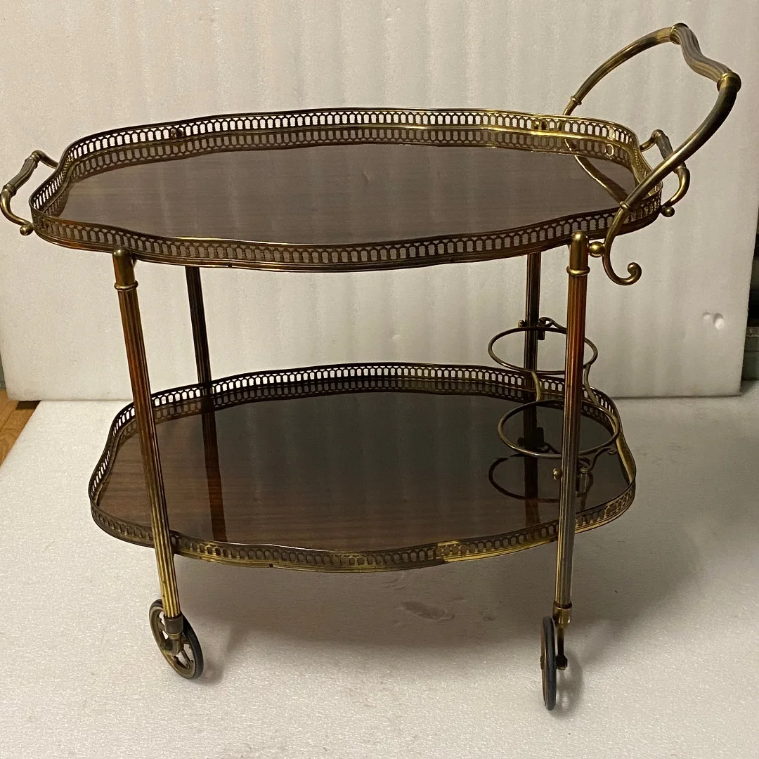 1950/70 Bar Cart, Crossbow Shape, Maison Jansen, Mahogany and Gilded Bronze