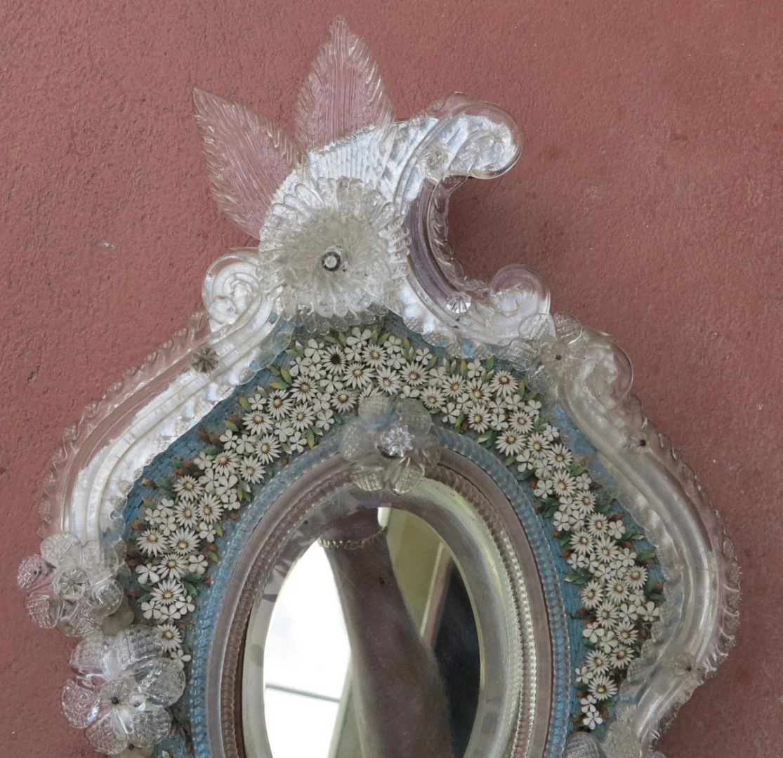 Venetian Mirror with Hard Stone Micromosaic Flower Decor