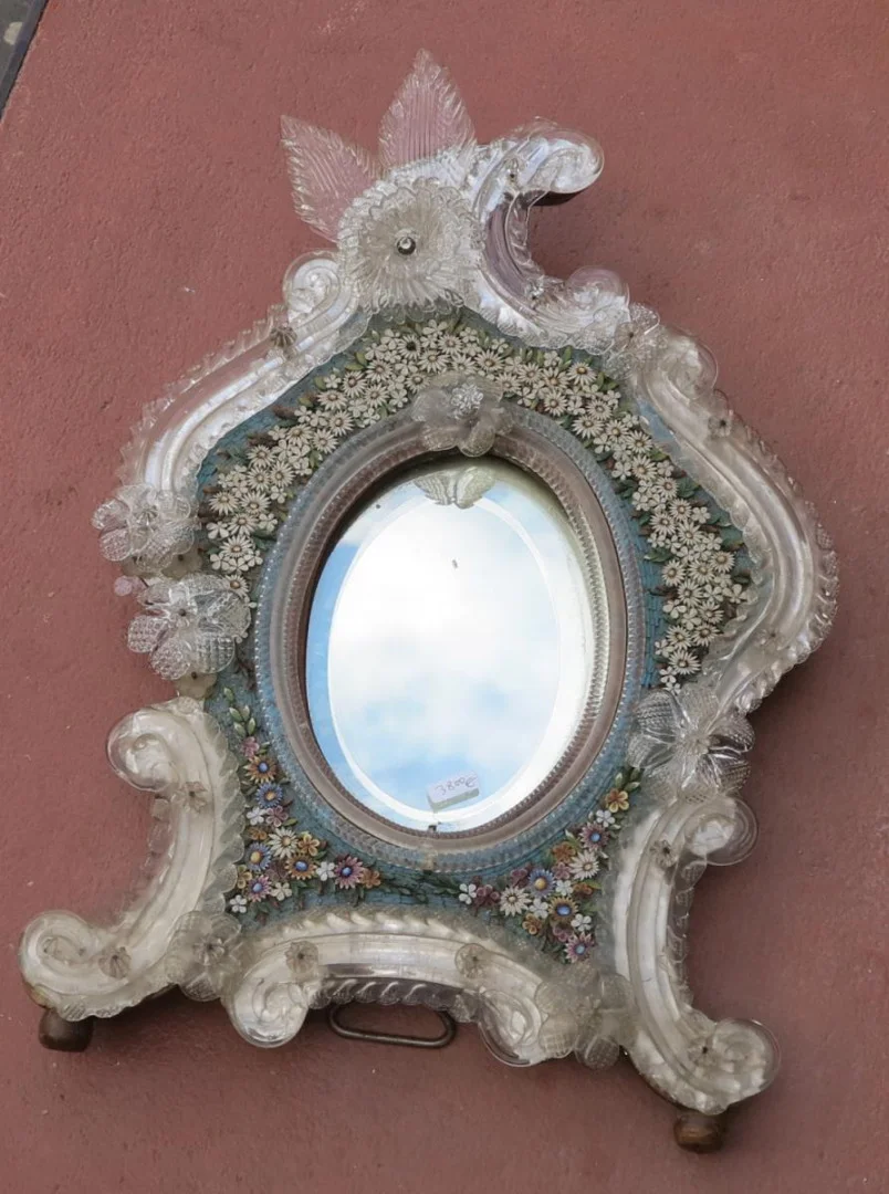 Venetian Mirror with Hard Stone Micromosaic Flower Decor