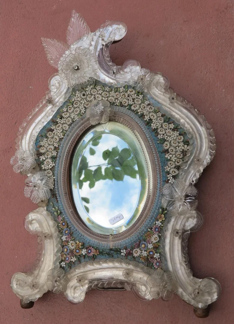 Venetian Mirror with Hard Stone Micromosaic Flower Decor