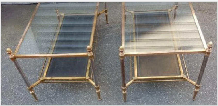 Pair of Maison Jansen Coffee Tables in bronze and brass, with gunmetal patinated uprights—characteristic of the brand.