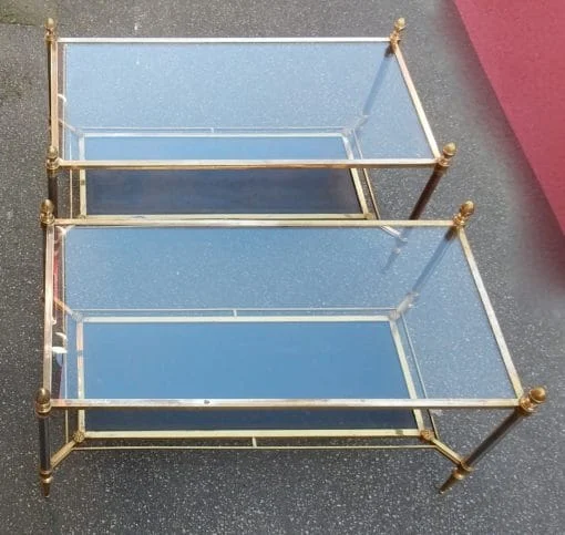 Pair of Maison Jansen Coffee Tables in bronze and brass, with gunmetal patinated uprights—characteristic of the brand.