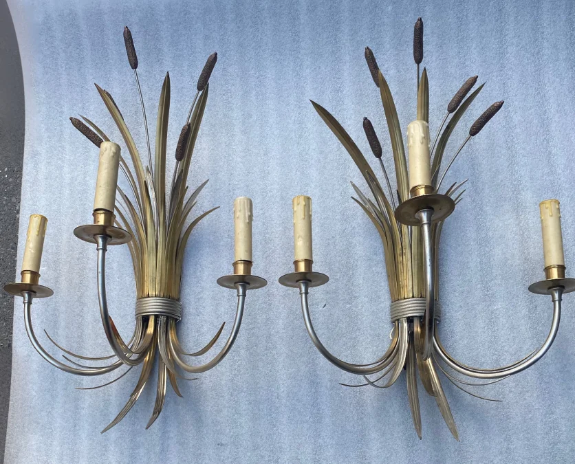 1950/70′ Paire d’Appliques + Lustre en Bronze Doré Et Argenté Aux Roseaux Signés Maison Charles