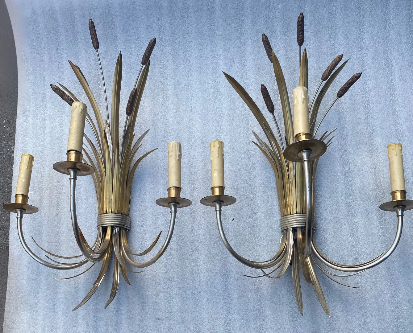 1950/70′ Paire d’Appliques + Lustre en Bronze Doré Et Argenté Aux Roseaux Signés Maison Charles