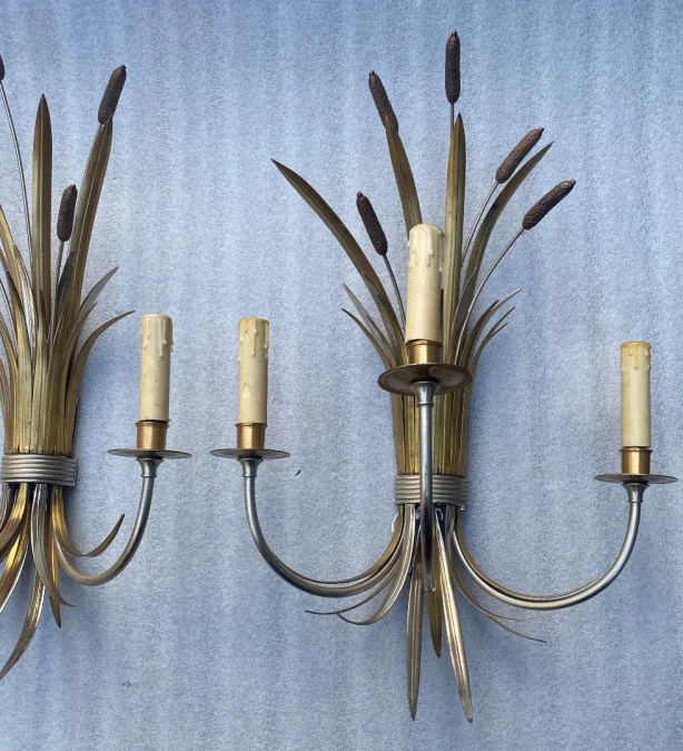 1950/70′ Paire d’Appliques + Lustre en Bronze Doré Et Argenté Aux Roseaux Signés Maison Charles