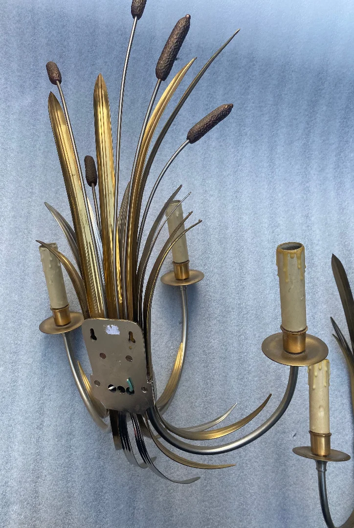 1950/70′ Paire d’Appliques + Lustre en Bronze Doré Et Argenté Aux Roseaux Signés Maison Charles