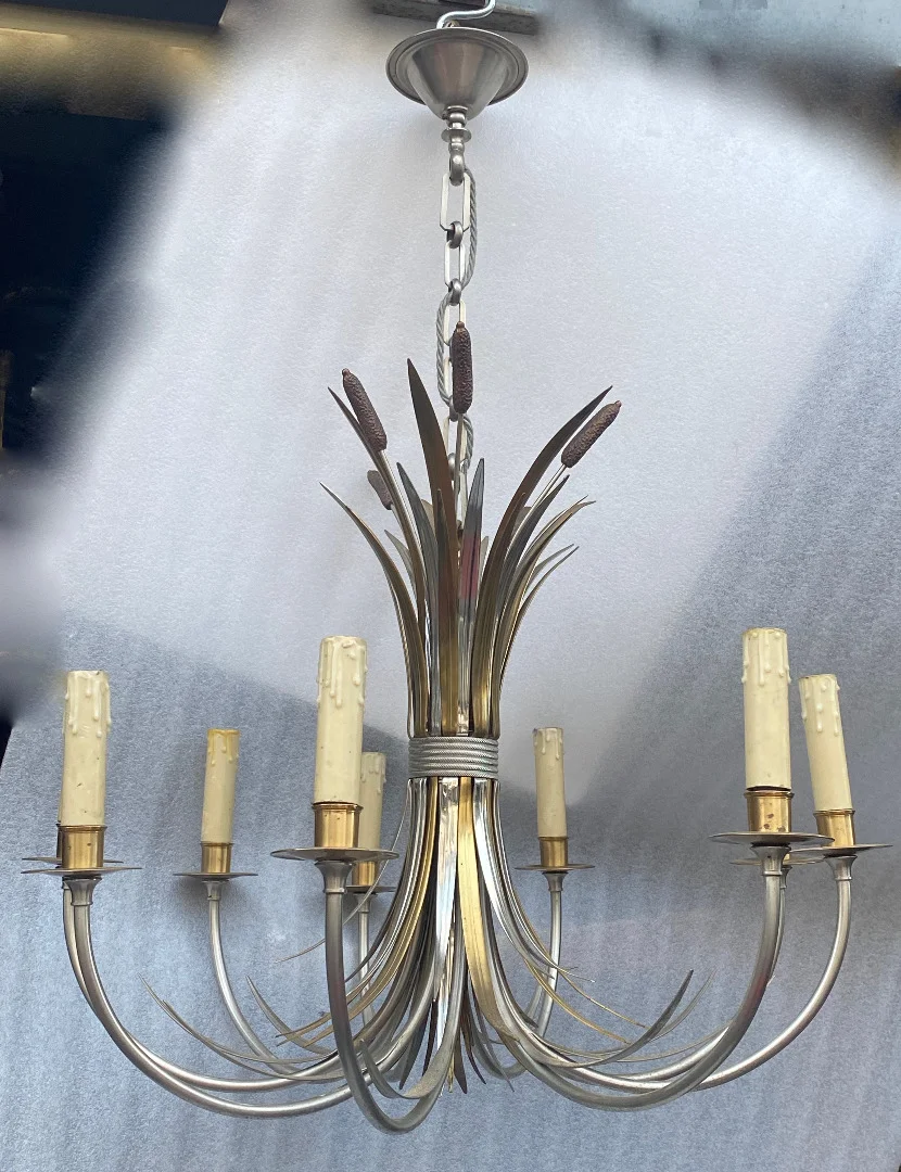 1950/70′ Pair of Sconces + Chandelier in Gilt and Silver Bronze With Reeds Signed Maison Charles