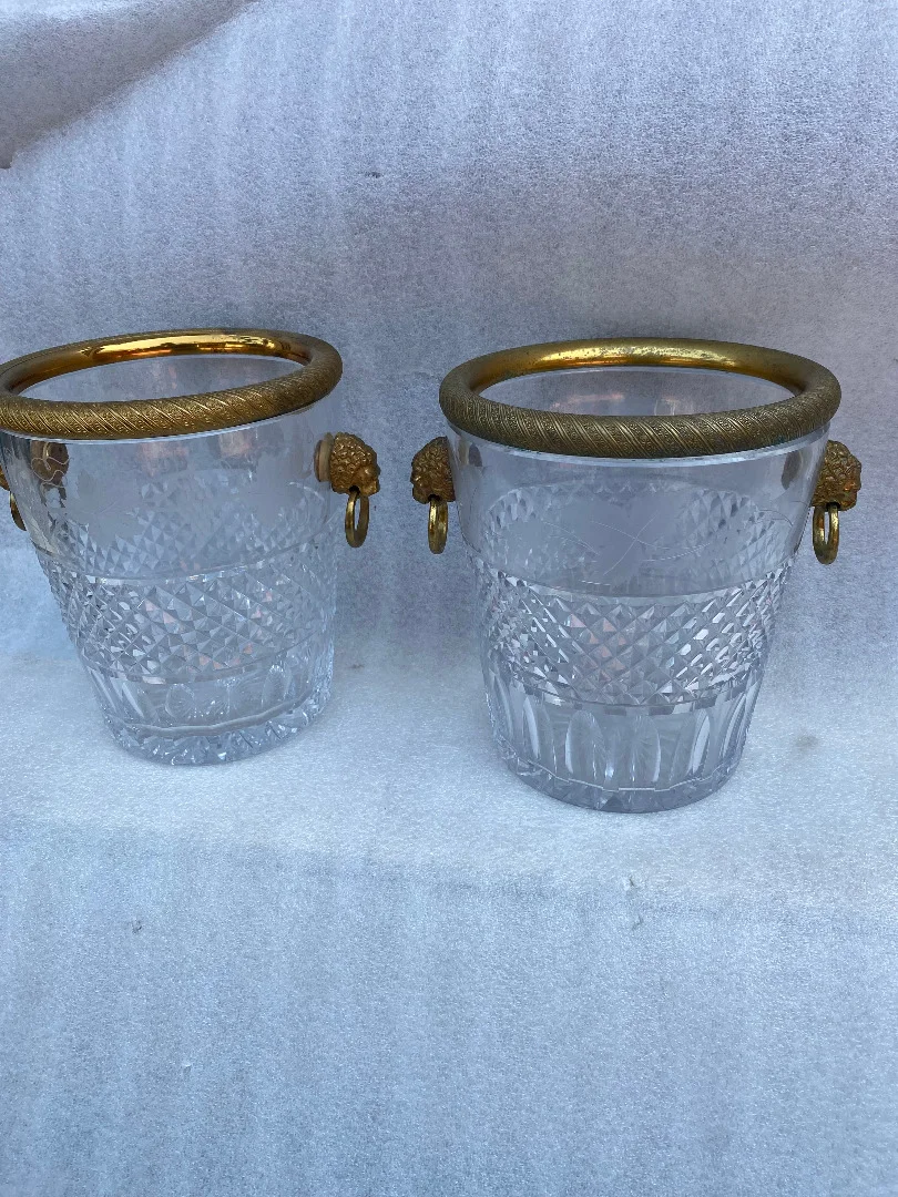 1950-70′ Paire De Seaux à Champagne Cristal St Louis Gravé Aux Attributs de la Vigne et Bronze Doré Aux têtes de Lion