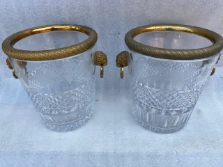 1950-70′ Paire De Seaux à Champagne Cristal St Louis Gravé Aux Attributs de la Vigne et Bronze Doré Aux têtes de Lion