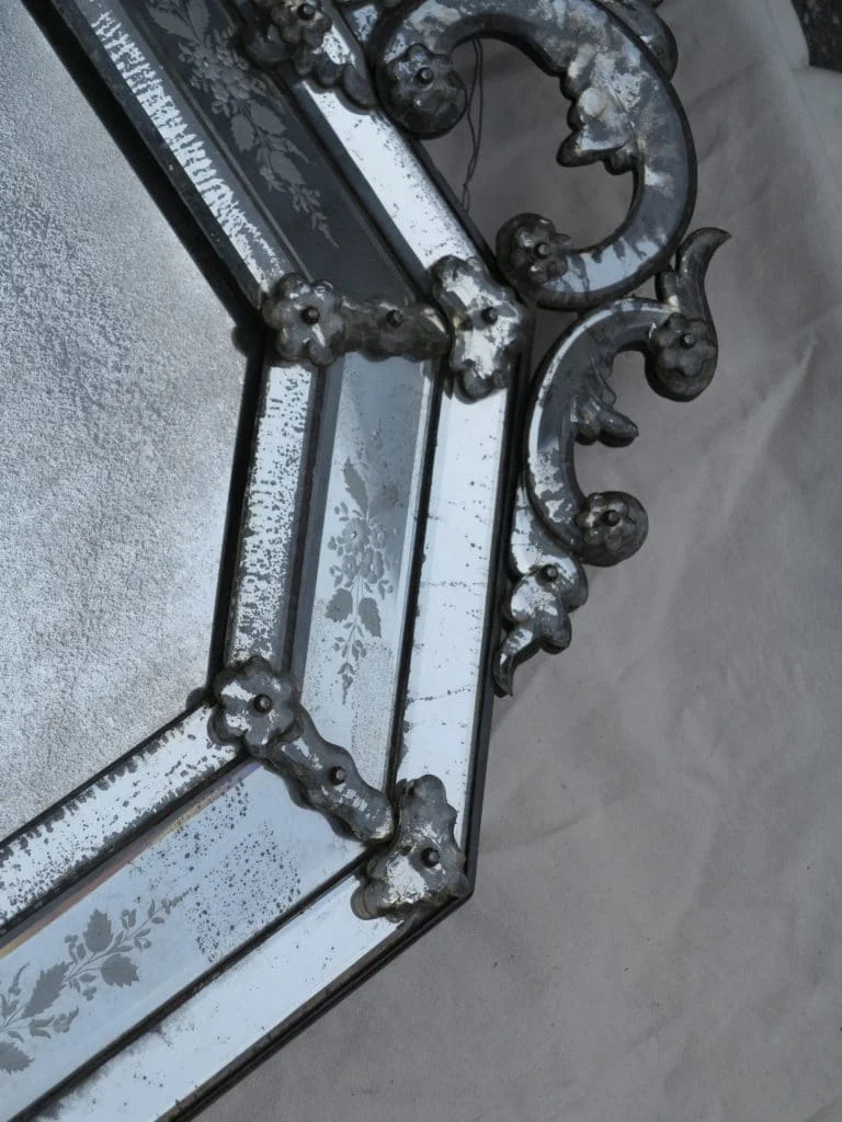 1880′ Venice Octagonal Mirror with Tain Mercury Pediment with Engraved Flowers and Oxidized Tain