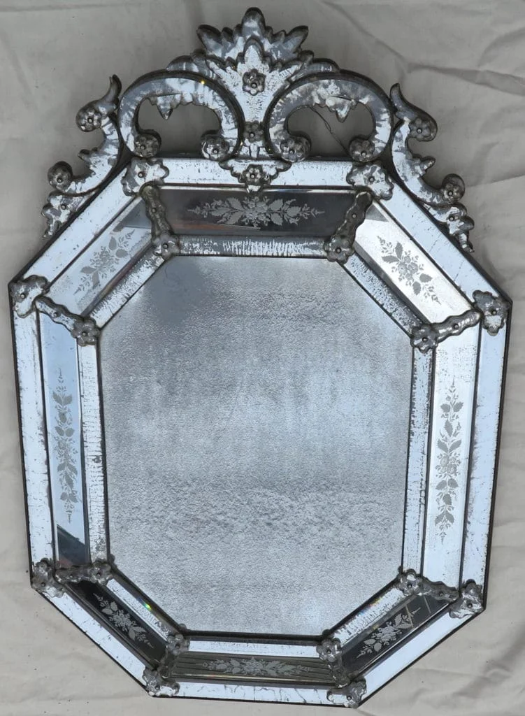 1880′ Venice Octagonal Mirror with Tain Mercury Pediment with Engraved Flowers and Oxidized Tain