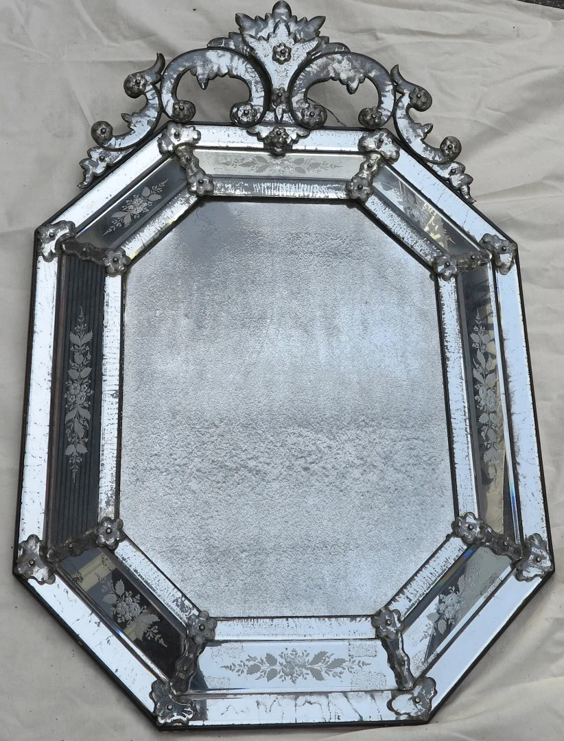 1880′ Venice Octagonal Mirror with Tain Mercury Pediment with Engraved Flowers and Oxidized Tain