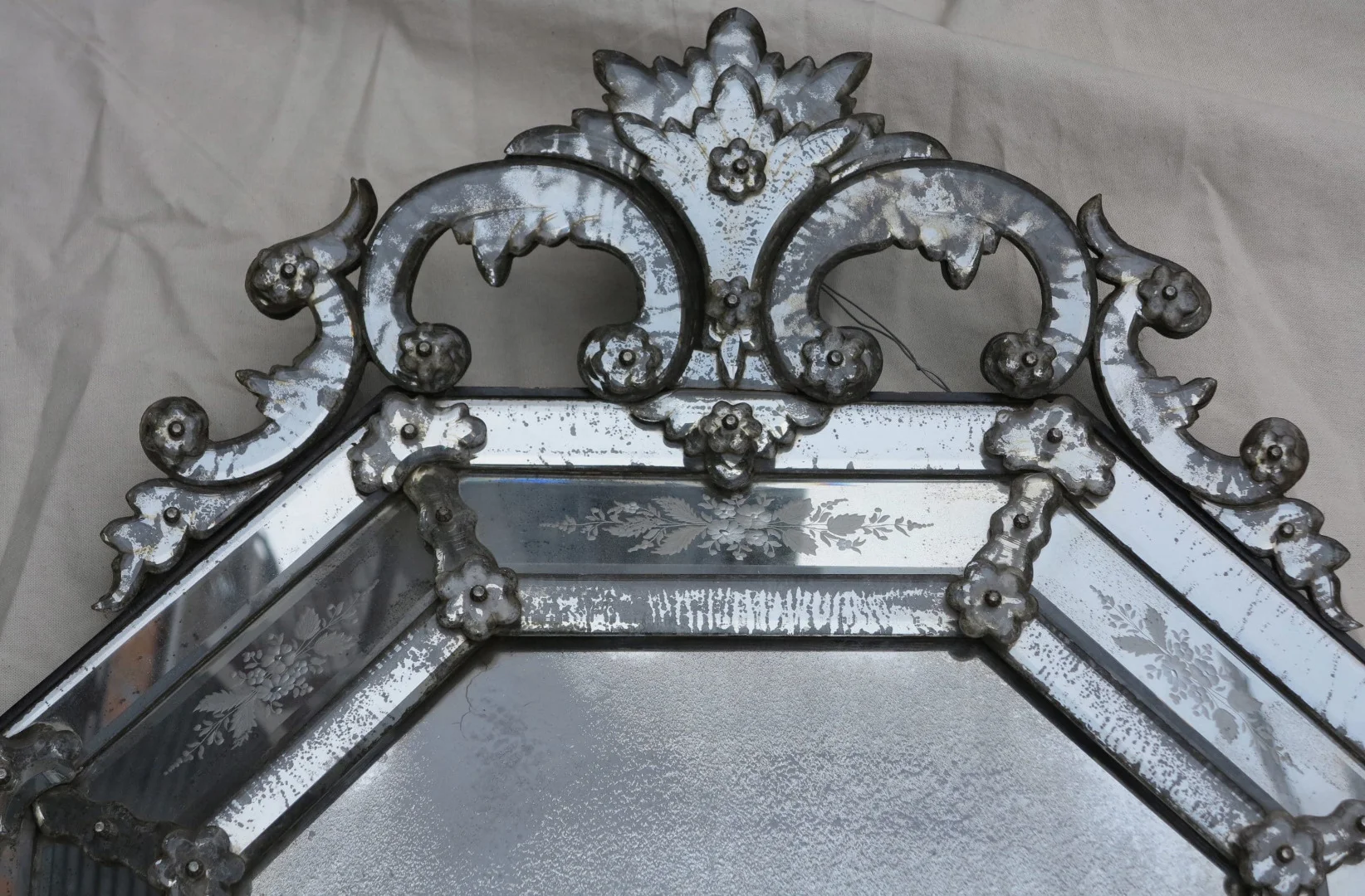 1880′ Venice Octagonal Mirror with Tain Mercury Pediment with Engraved Flowers and Oxidized Tain