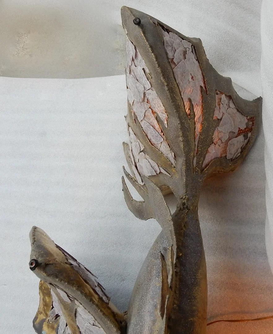 1970′ Illuminated Fish Coffee Table In Brass With Mika Violet Style Duval Brasseur, Faure, Fernandez