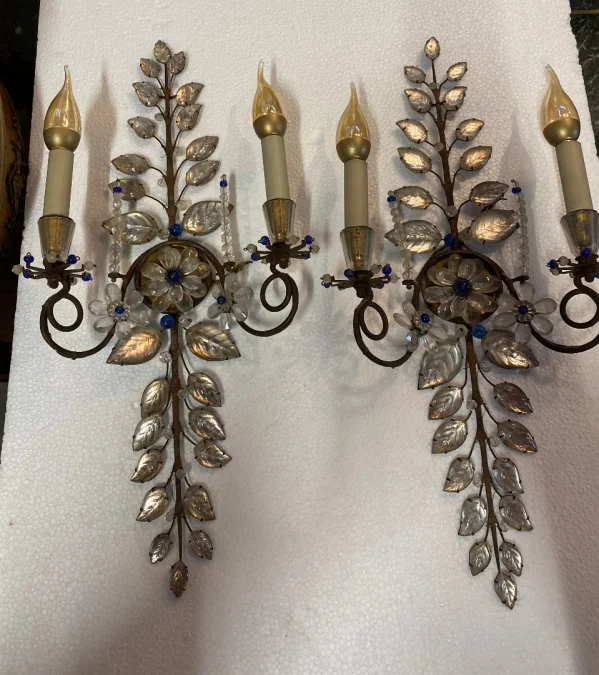 1950/70′ Pair of Maison Baguès Daisy Sconces H 57 cm With Blue Glass Beads