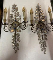 1950/70′ Paire d’Appliques à la Marguerite Maison Baguès H 57 cm Avec Perles De Verre Bleues