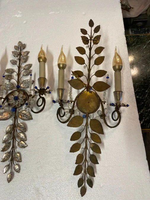 1950/70′ Pair of Maison Baguès Daisy Sconces H 57 cm With Blue Glass Beads