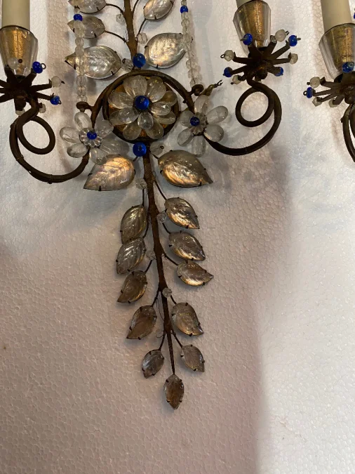 1950/70′ Pair of Maison Baguès Daisy Sconces H 57 cm With Blue Glass Beads