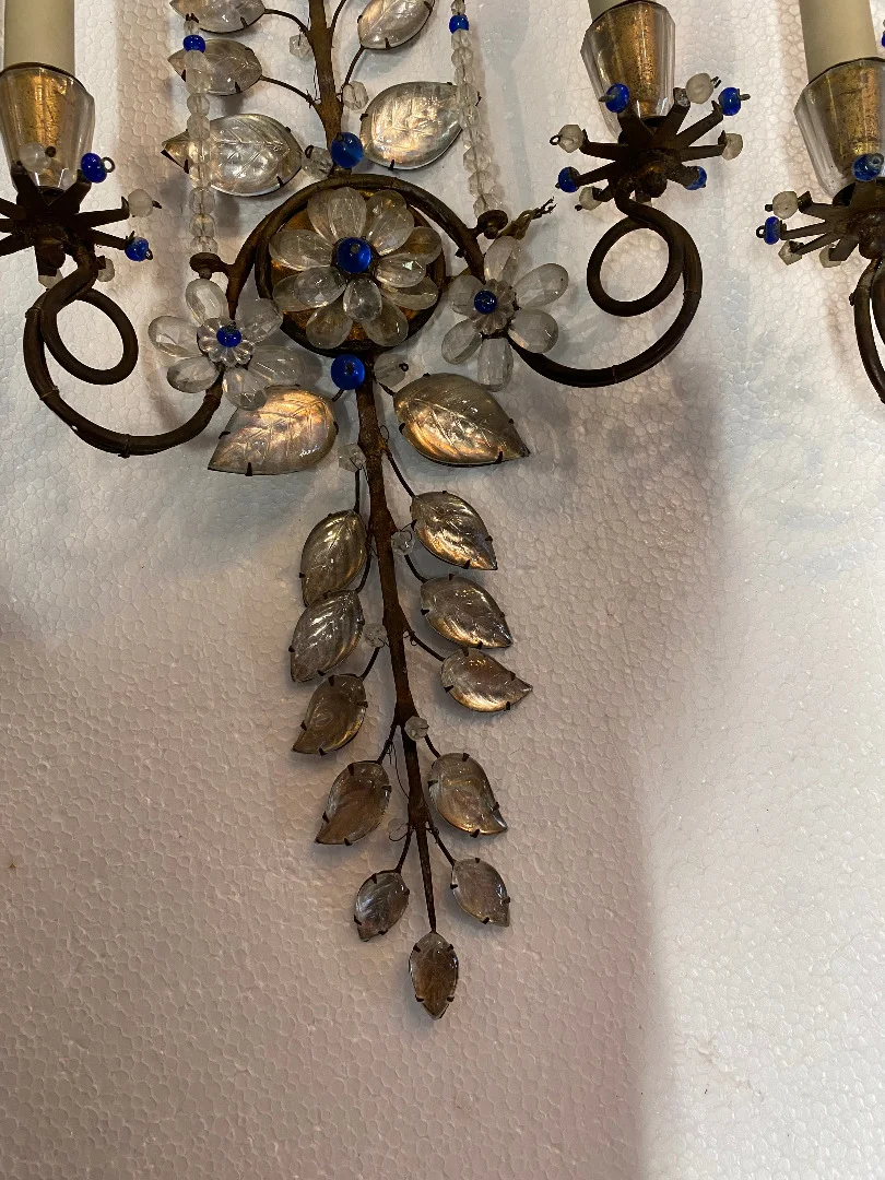 1950/70′ Paire d’Appliques à la Marguerite Maison Baguès H 57 cm Avec Perles De Verre Bleues