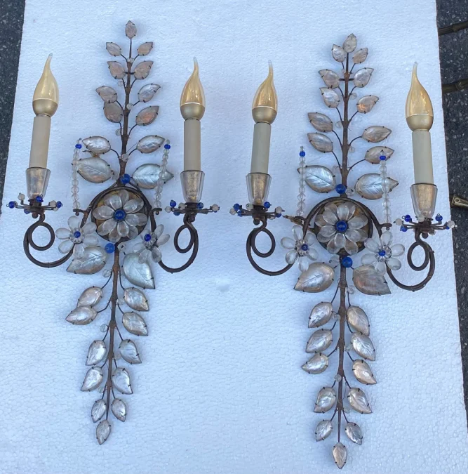 1950/70′ Pair of Maison Baguès Daisy Sconces H 57 cm With Blue Glass Beads
