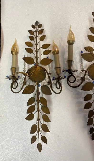 1950/70′ Pair of Maison Baguès Daisy Sconces H 57 cm With Blue Glass Beads
