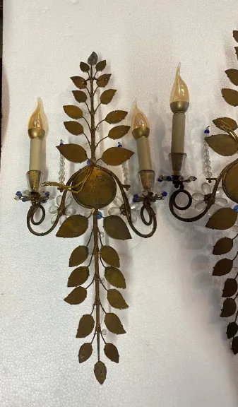 1950/70′ Paire d’Appliques à la Marguerite Maison Baguès H 57 cm Avec Perles De Verre Bleues