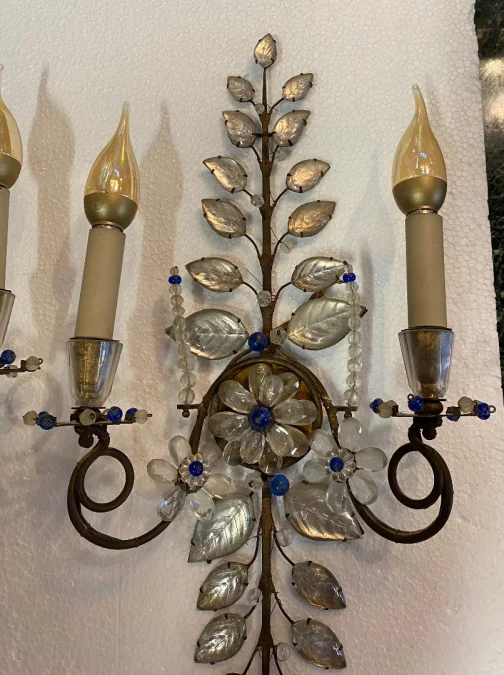 1950/70′ Pair of Maison Baguès Daisy Sconces H 57 cm With Blue Glass Beads