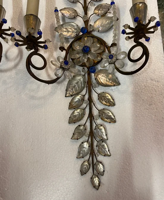1950/70′ Pair of Maison Baguès Daisy Sconces H 57 cm With Blue Glass Beads