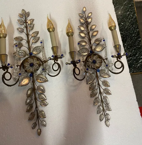 1950/70′ Paire d’Appliques à la Marguerite Maison Baguès H 57 cm Avec Perles De Verre Bleues