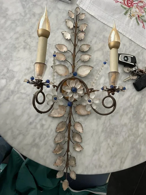 1950/70′ Pair of Maison Baguès Daisy Sconces H 57 cm With Blue Glass Beads