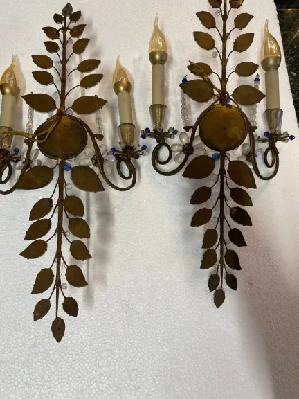 1950/70′ Paire d’Appliques à la Marguerite Maison Baguès H 57 cm Avec Perles De Verre Bleues