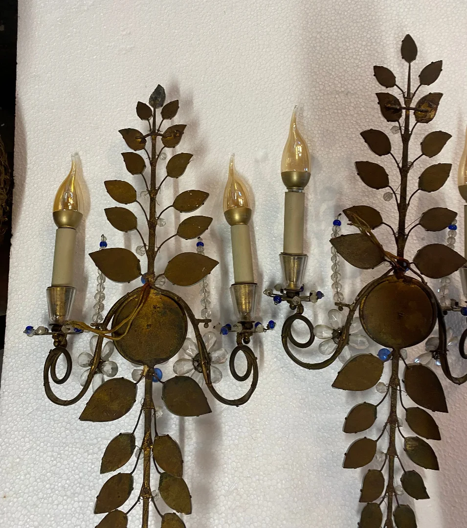 1950/70′ Paire d’Appliques à la Marguerite Maison Baguès H 57 cm Avec Perles De Verre Bleues