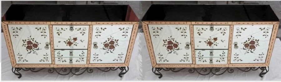 1950/70′ Paire De Buffets Miroir Avec Décor Fleurs Églomisées