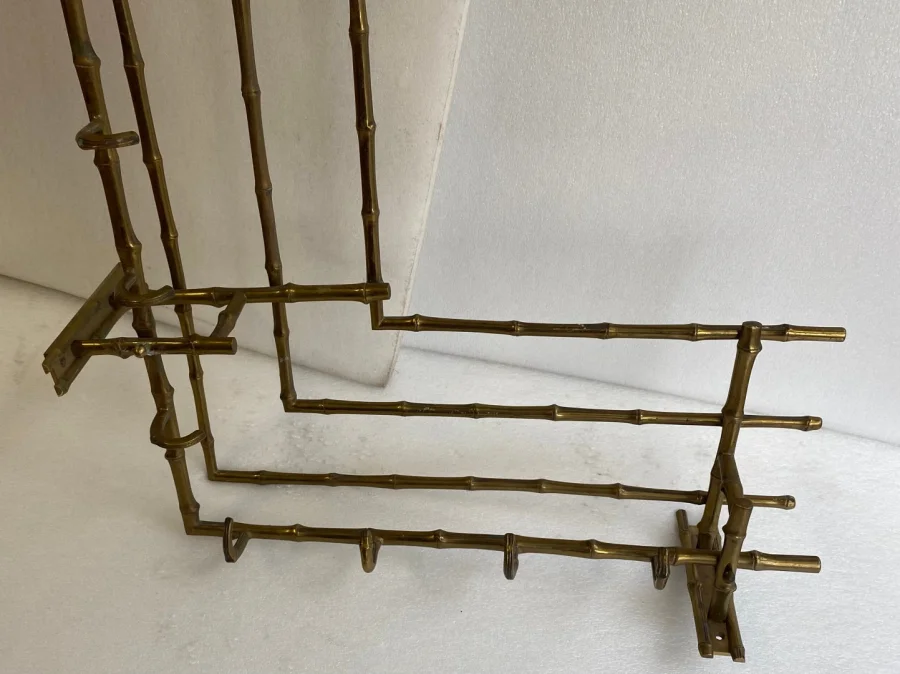 1970s Wall-Mounted Corner Coat and Hat Rack, Bamboo Design, Maison Baguès in Bronze