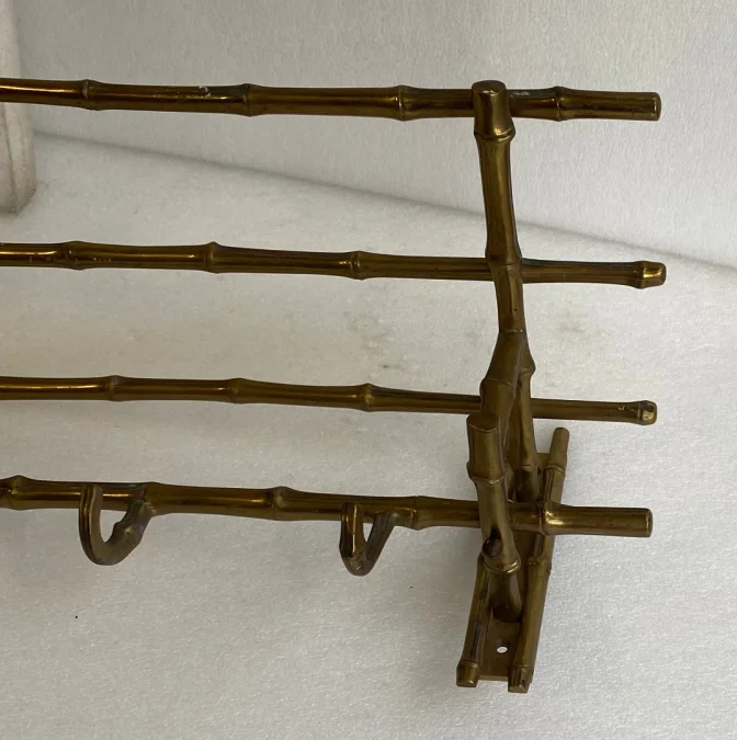 1970s Wall-Mounted Corner Coat and Hat Rack, Bamboo Design, Maison Baguès in Bronze