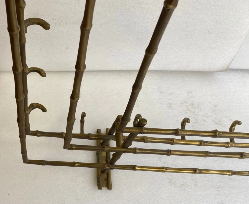 1970s Wall-Mounted Corner Coat and Hat Rack, Bamboo Design, Maison Baguès in Bronze